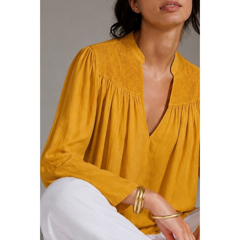 Uniqlo U Christophe Lemaire Mustard Yellow Smocked Blouse Top 420624 Womens M